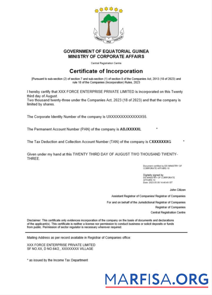 Downloadable Equatorial Guinea certificate of registration Word and PDF template